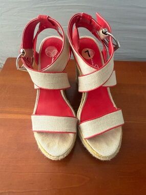 Jessica Simpson Beige Canvas Wedge Sandals with Red Trim